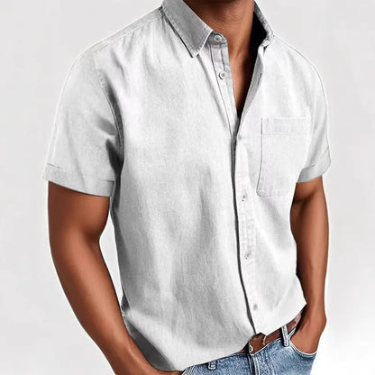 Men's loose fit single-breasted short sleeve shirt in a cotton blend fabric, shown in multiple colour options.