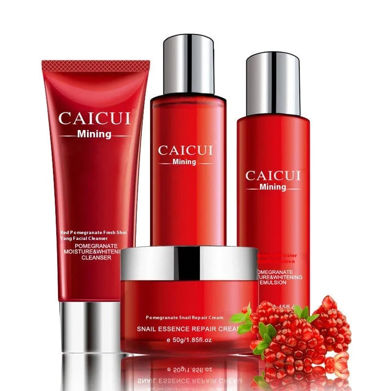 Pomegranate skincare set with four red packaged products for oily and combination skin