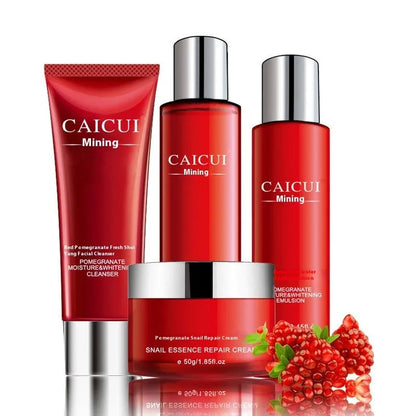 Pomegranate skincare set with four red packaged products for oily and combination skin