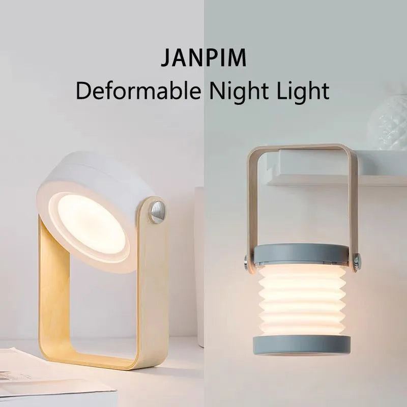 Foldable touch dimmable reading LED night light portable lantern lamp USB rechargeable for home decor, featuring three brightness levels, 1200mAh battery, and a collapsible ABS and wood design measuring 142mm x 37mm x 194mm.