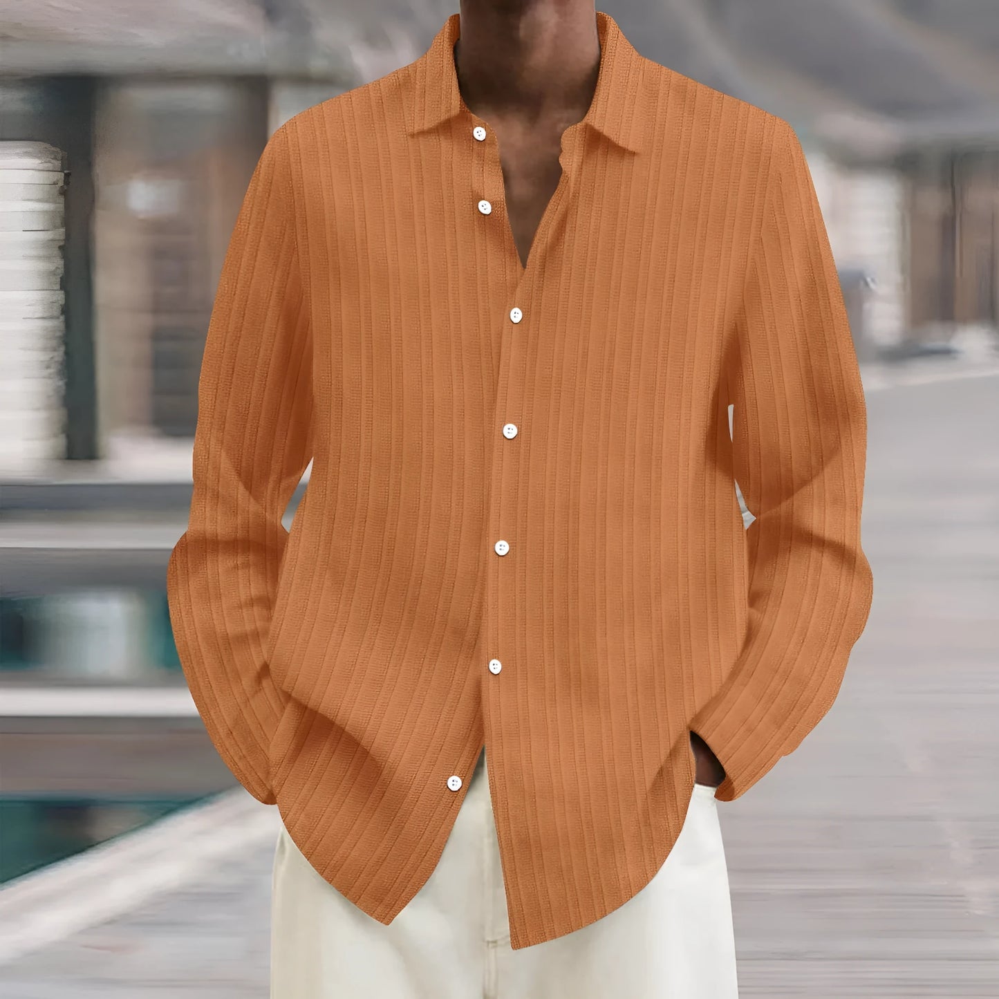 Men's striped British style cardigan shirt in polyester flat mop cloth fabric