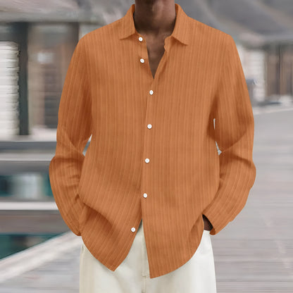 Men's striped British style cardigan shirt in polyester flat mop cloth fabric