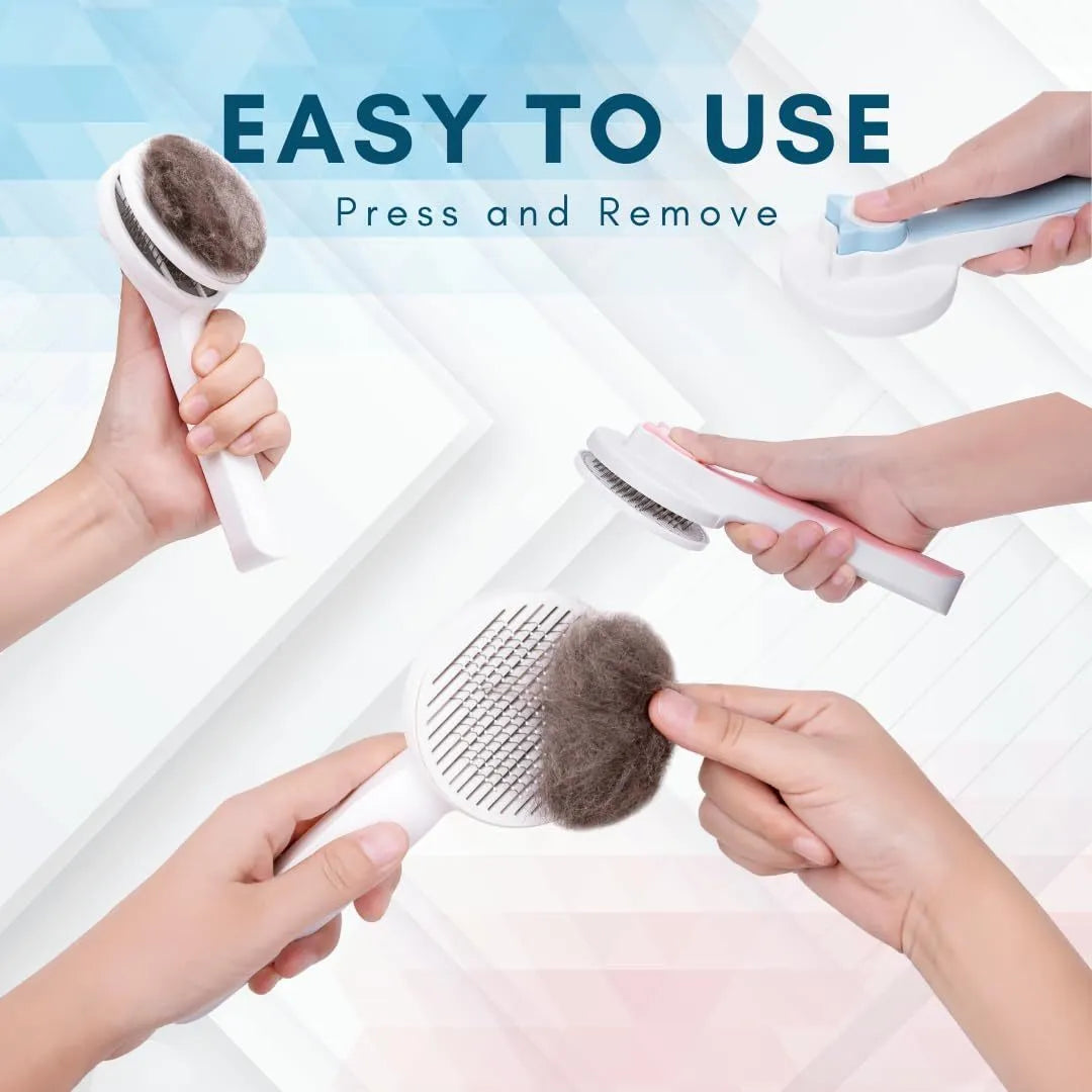 Blue self-cleaning pet grooming brush with stainless steel pins and ergonomic rubber handle on a grey background