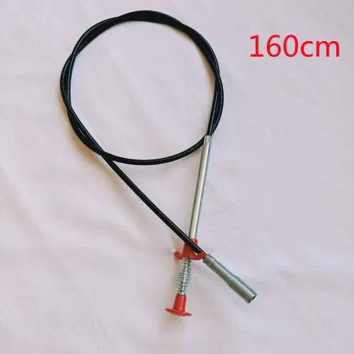 Stainless steel sewer dredge spring drain cleaning tool with a black PP handle.