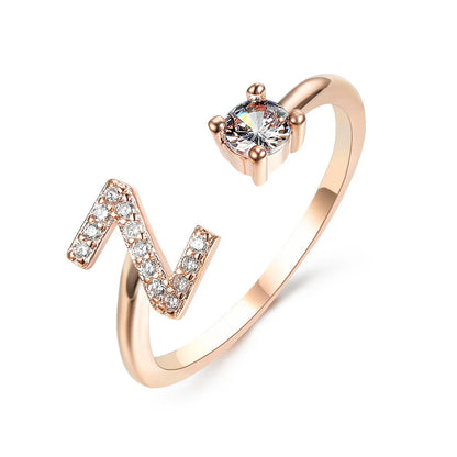 Personalized Initial Letter Adjustable Ring made of copper alloy and zircon, showcasing a vintage-inspired design