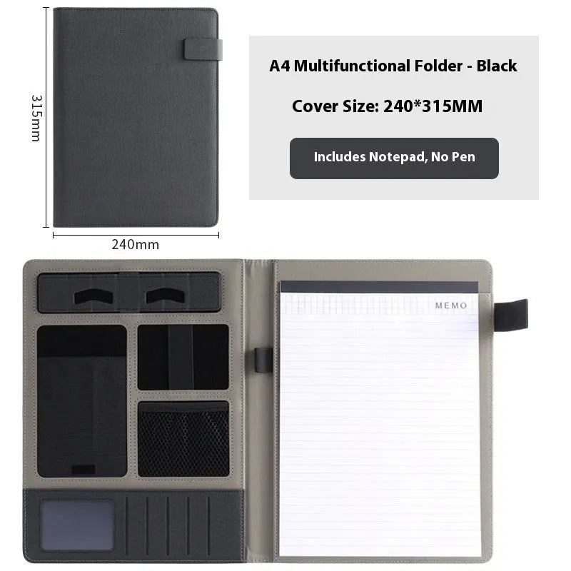 Leather A4 business folder showing 35mm thickness and 325x250mm dimensions with optional pen and notepad accessories