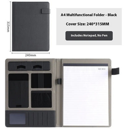 Leather A4 business folder showing 35mm thickness and 325x250mm dimensions with optional pen and notepad accessories