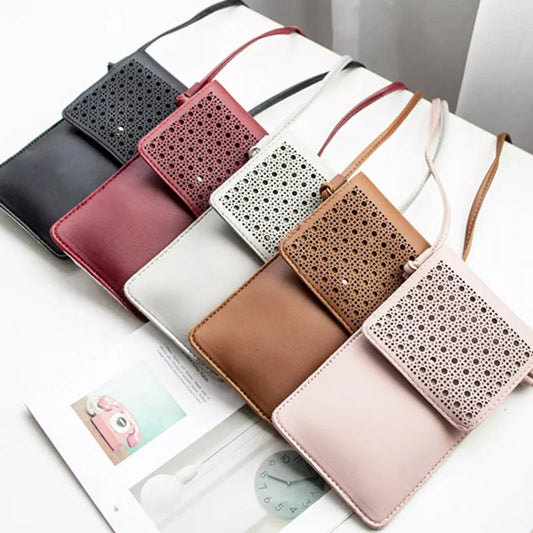Cross body mobile phone bag with clear window and PU leather in multiple colors