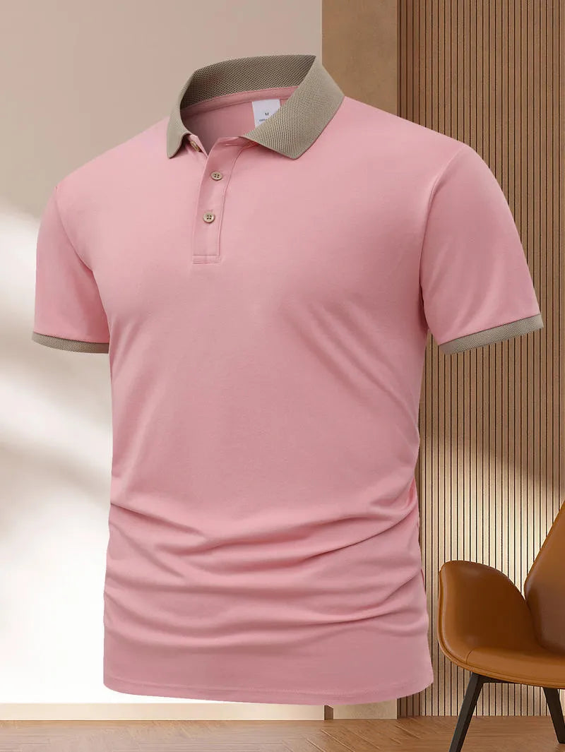 Summer polo shirt in ice silk fabric with printed flocking design on front, short sleeves