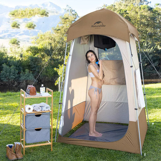 Single Person Folding Changing Shed in dark brown, offering privacy and sun protection outdoors