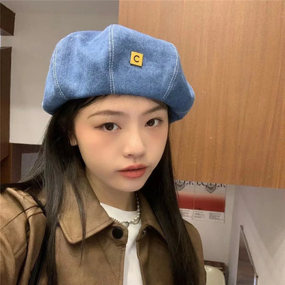 Japanese Cowboy Beret in light, medium, and dark denim with dome crown