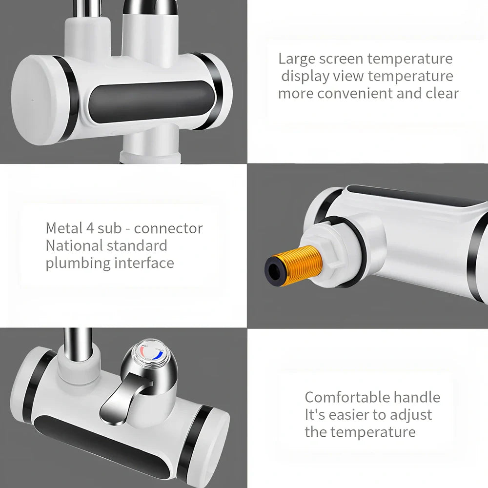 White kitchen electric water tap with digital temperature display showing instant heating capability