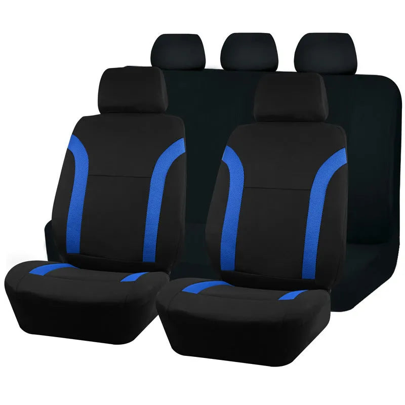 Polyester car seat cover set with eyelet stitching and sponge inserts in black, laid out on a car seat.
