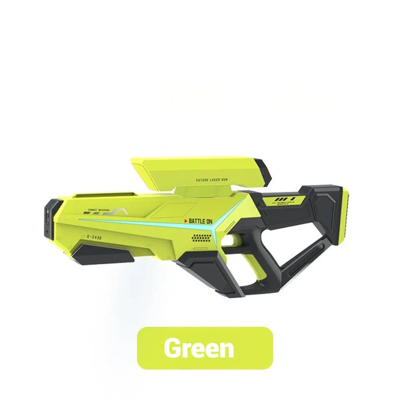 Electric water gun with 750ml capacity in blue colour showing USB charging port and automatic delivery system