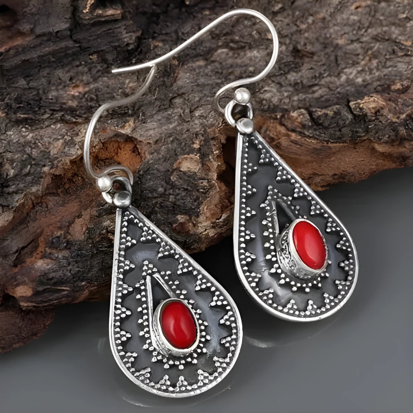 Silver drop earrings with red pine gemstone decorations in European and American national style