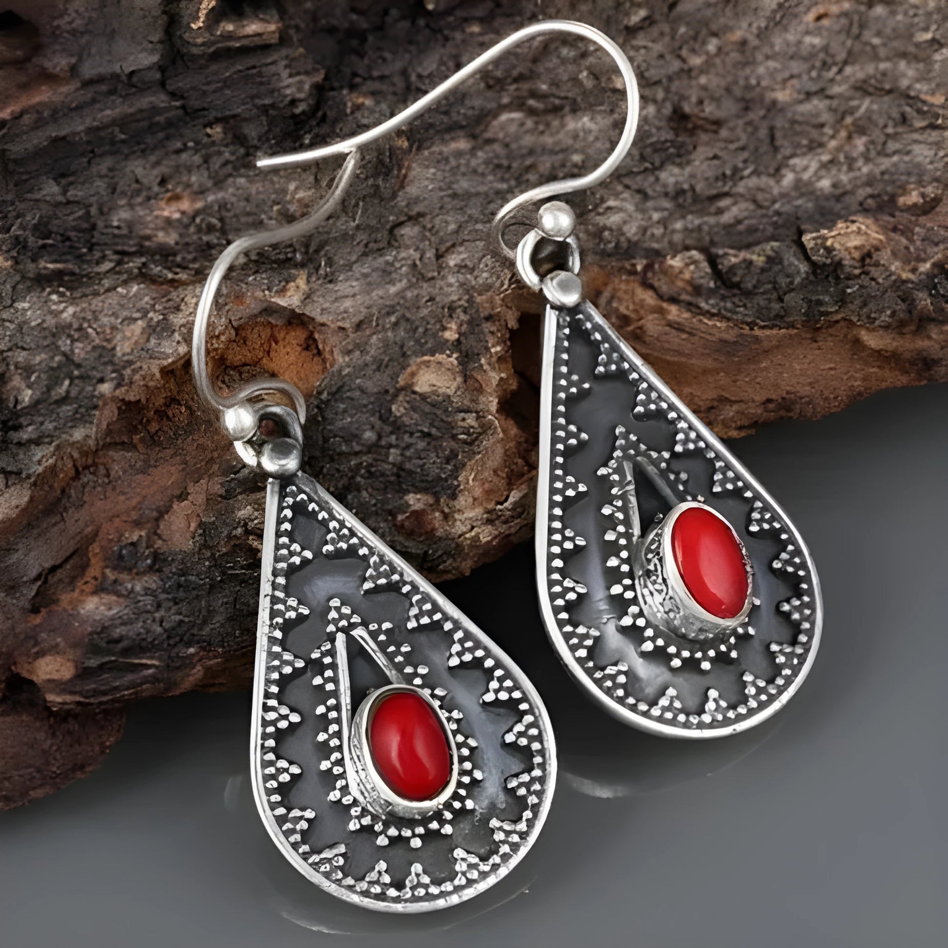 Silver drop earrings with red pine gemstone decorations in European and American national style