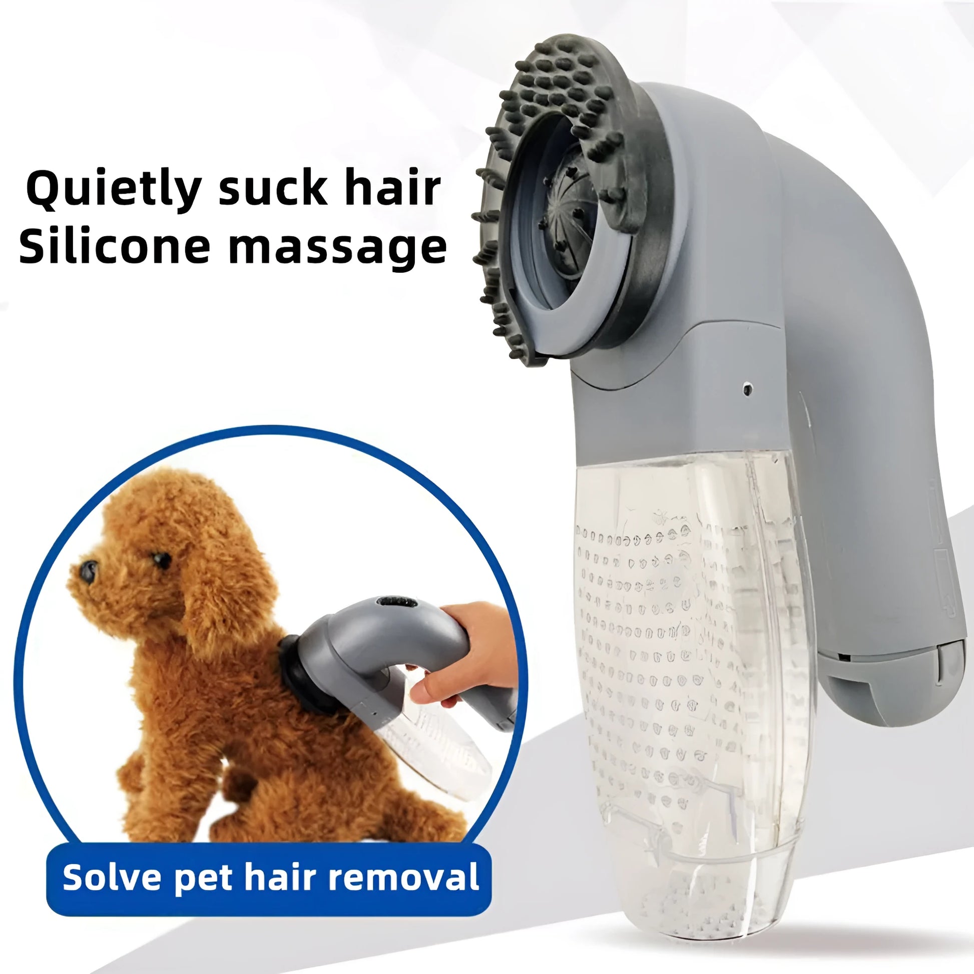 Grey portable pet hair vacuum cleaner with soft rubber head for grooming cats and dogs.
