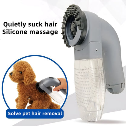 Grey portable pet hair vacuum cleaner with soft rubber head for grooming cats and dogs.
