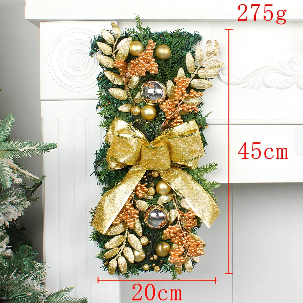 Christmas door curtain with glowing upside-down tree design in red, blue, or gold colours