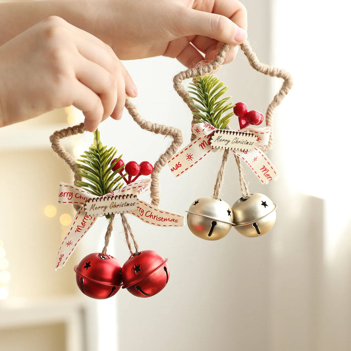 Metal Christmas bell ornament in gold, green, red or silver, single iron hanging decoration
