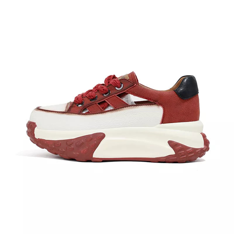 Women's retro thick-soled hollow sneakers in black, white, red, and yellow