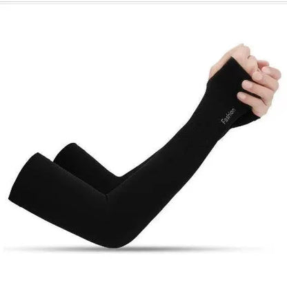 UV protection ice silk oversleeves in floral pattern covering forearm and elbow