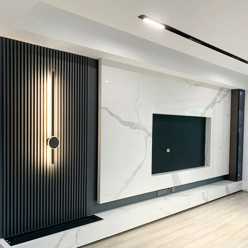 Grid-free pole gate bedside strip wall lamp featuring a modern simplicity design with ALG3338-400 three-colour LED lighting, constructed from acrylic shade material and operating at ≤ 36V safe low voltage for bedroom wall mounting