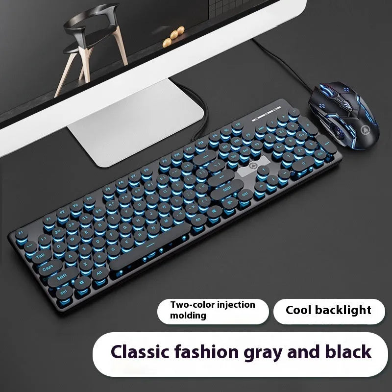 Punk mechanical feel keyboard with backlight in mint green, pink, or black blue light colours, measuring 44cm wide