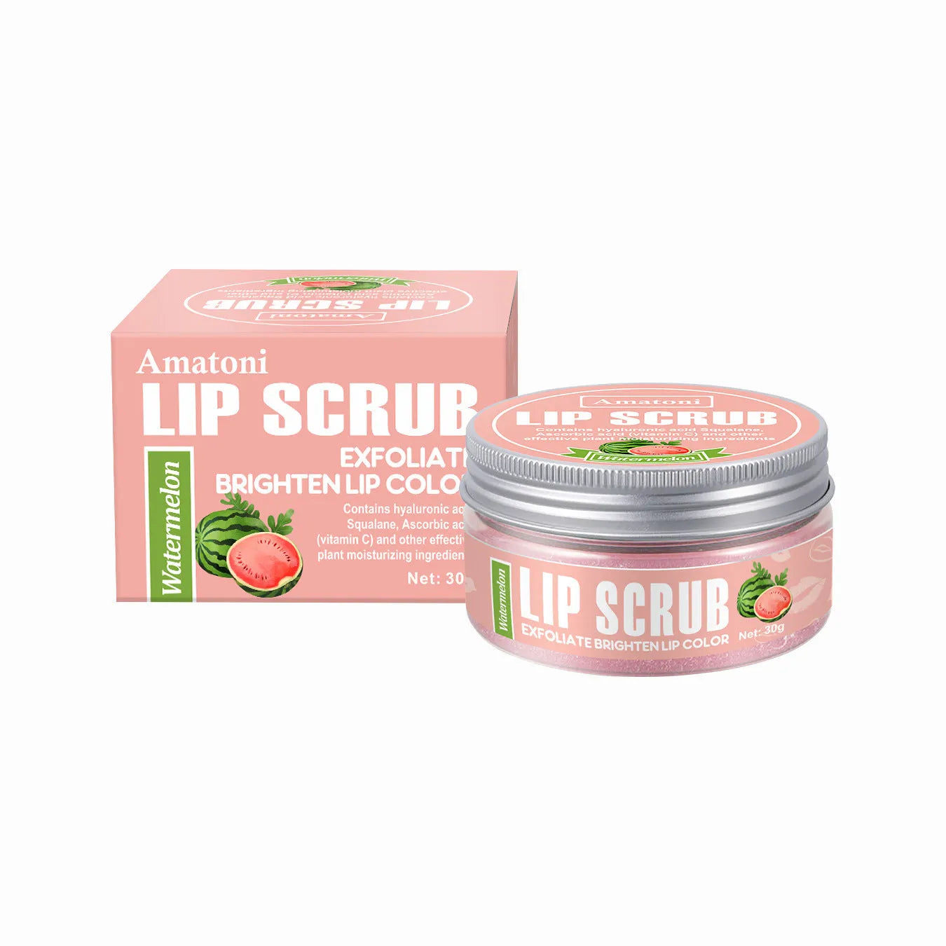 Amatoni lip scrub cream pot in 30g size for exfoliating and moisturising dry lips.