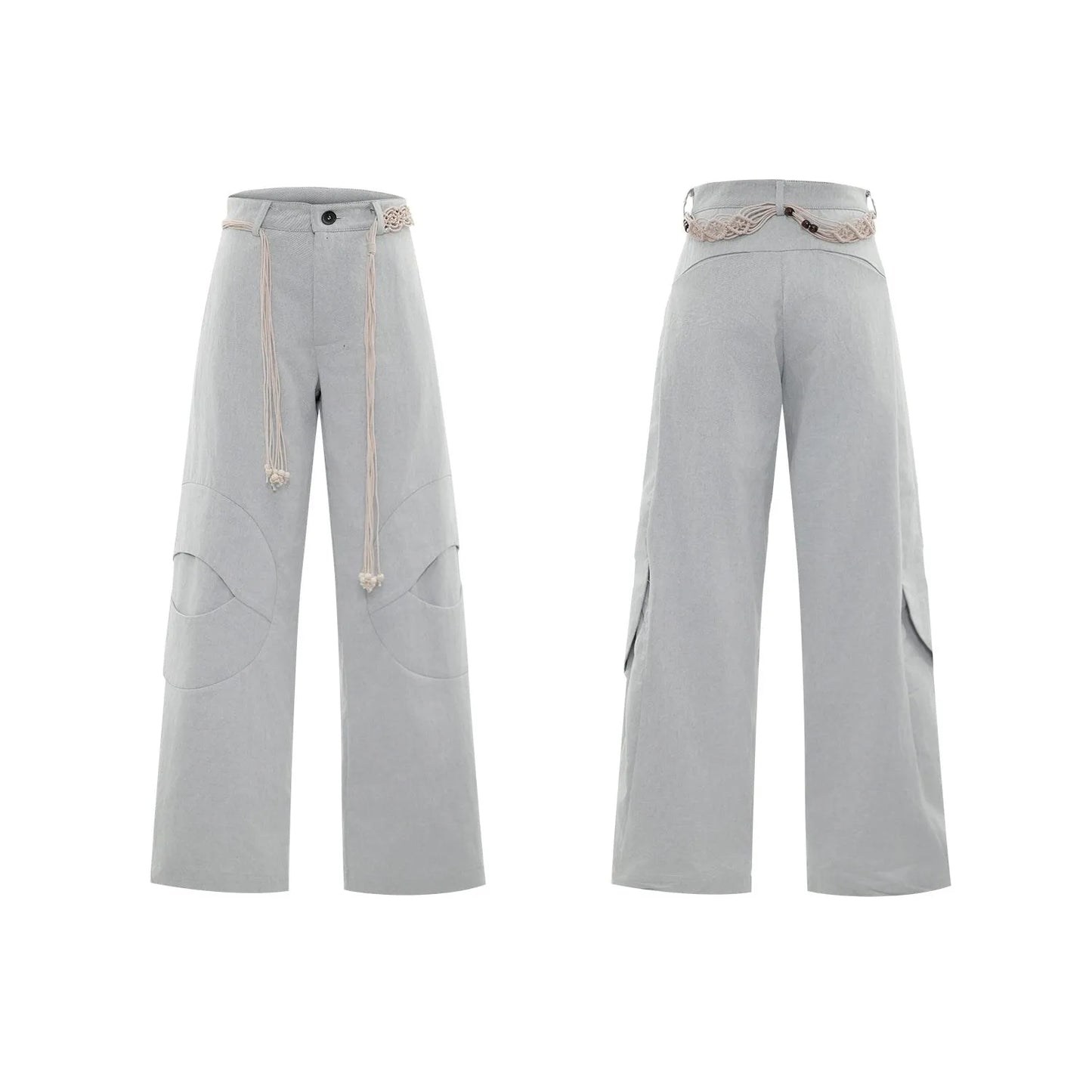 Men's dark blue straight-leg cotton jeans with 3D cutting, belt stitching, and decorative tassel on a hanger