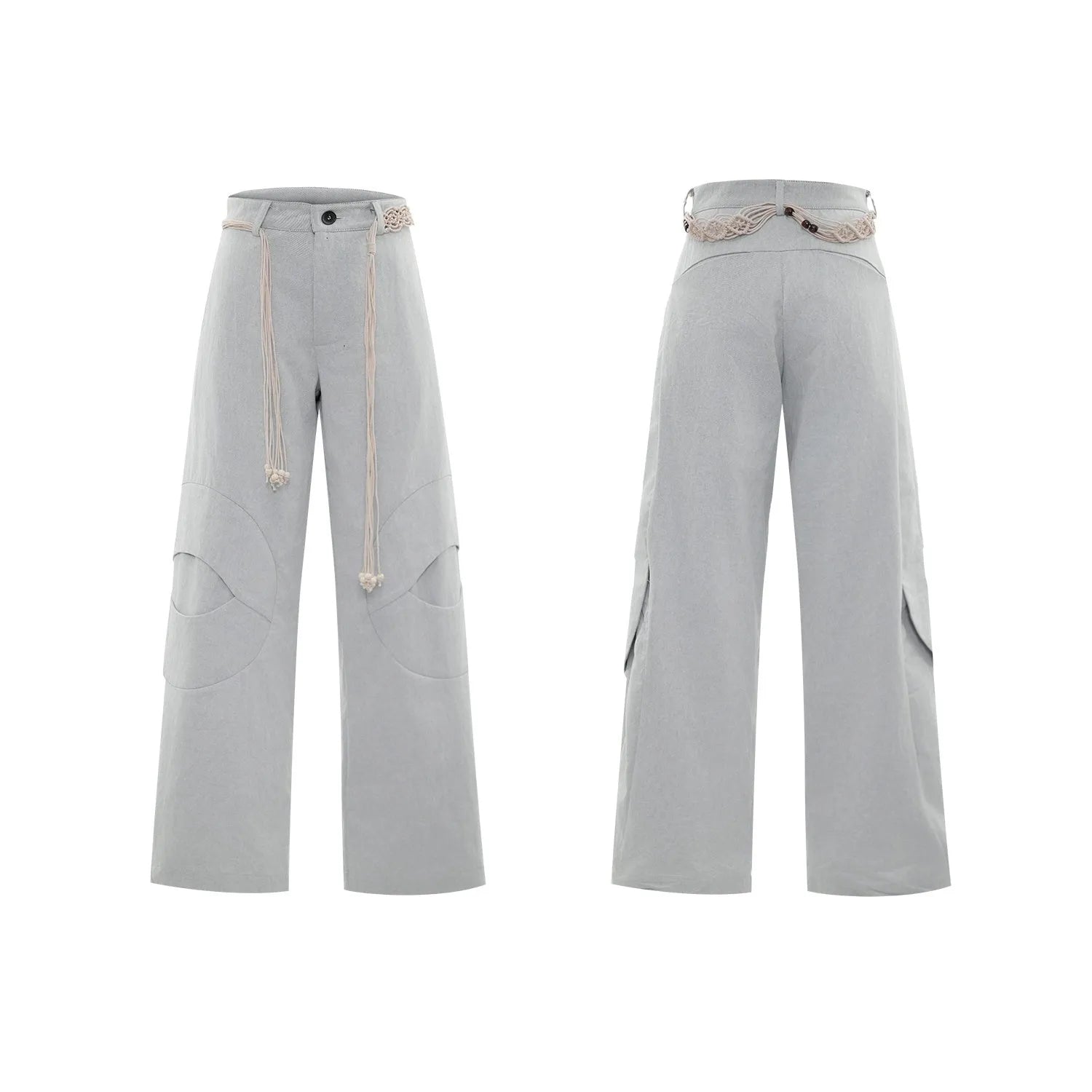 Men's dark blue straight-leg cotton jeans with 3D cutting, belt stitching, and decorative tassel on a hanger