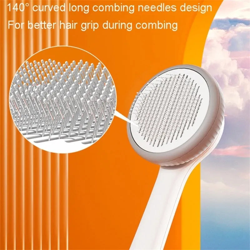 Blue and white self-cleaning pet grooming brush with massage function for cats and dogs.