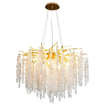 Villa crystal chandelier with adjustable height and LED lighting in multiple size options