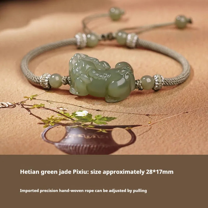 Traditional Chinese Hetian jade bracelet with black and red adjustable ropes and jade beads