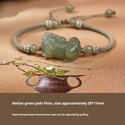 Traditional Chinese Hetian jade bracelet with black and red adjustable ropes and jade beads