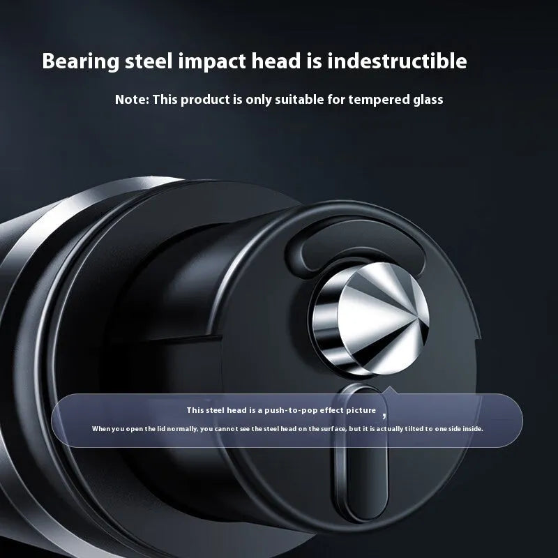 Gun grey aluminium car safety hammer with seatbelt cutter on a 3M rubber base, measuring 87mm long.