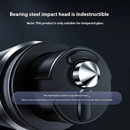 Gun grey aluminium car safety hammer with seatbelt cutter on a 3M rubber base, measuring 87mm long.