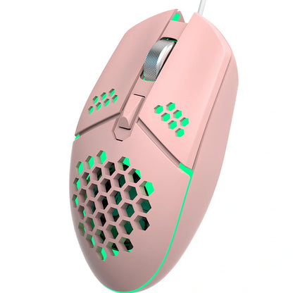 Wired gaming mouse with honeycomb shell and cooling fan, showing ergonomic ≥120mm design with 6 programmable buttons