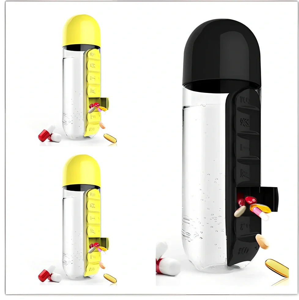 Two-in-one water cup with attached 7-day pill organiser showing daily compartments and screw-top lid