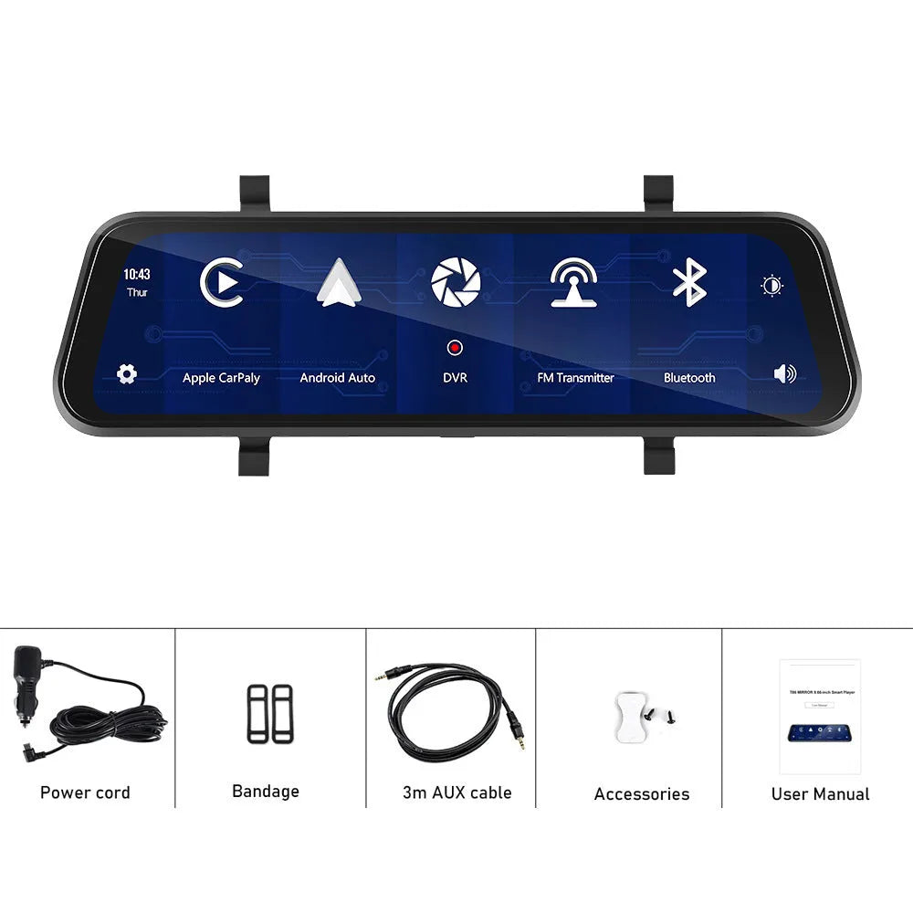 9.66-inch car dash cam mirror with touch screen displaying CarPlay interface and recording function