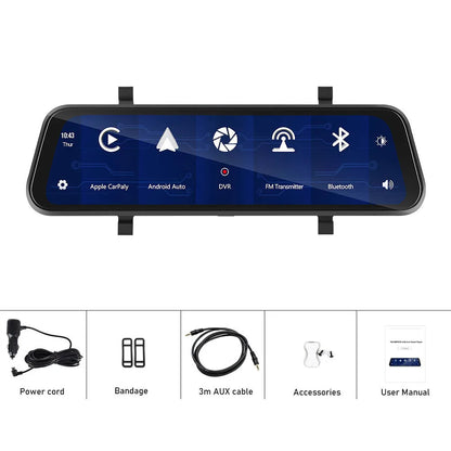 9.66-inch car dash cam mirror with touch screen displaying CarPlay interface and recording function
