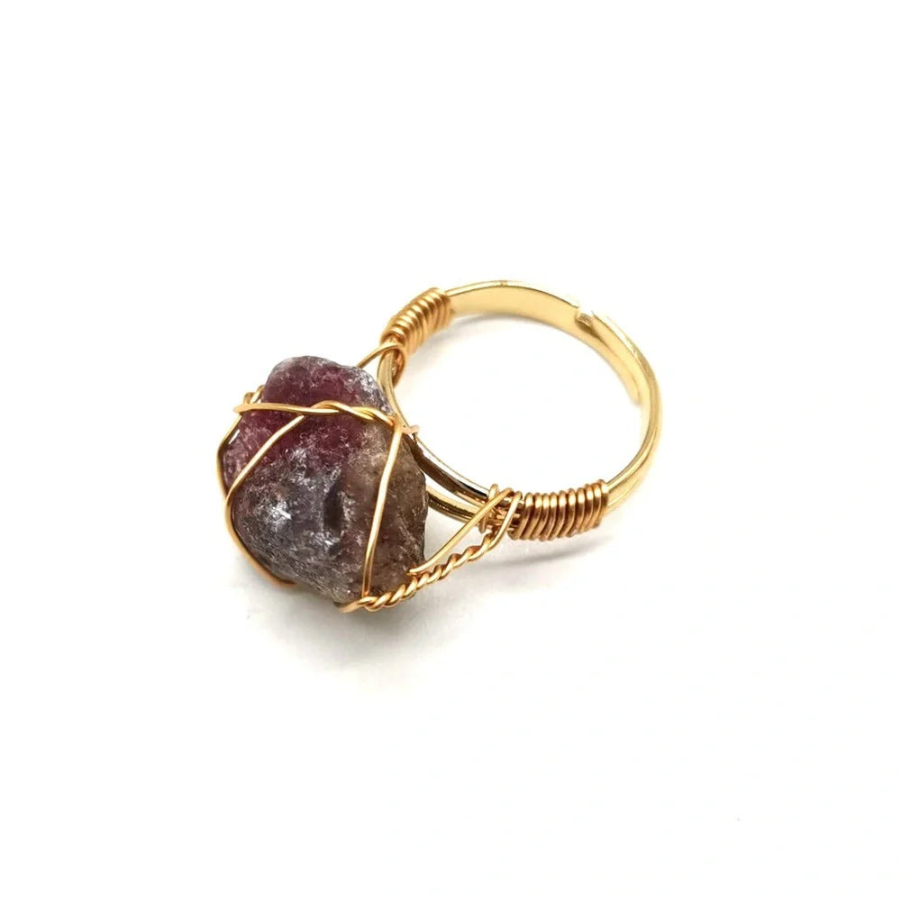 Elegant adjustable ring made with a variety of natural gemstones like citrine, green aventurine, and amethyst