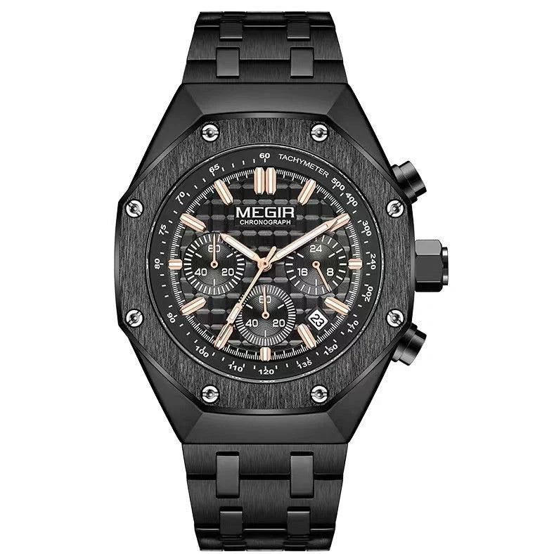 Men's multifunctional waterproof quartz watch with 13mm thickness showing three strap options