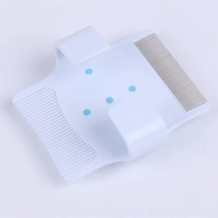 Multifunctional pet comb dog grooming tool featuring floating hair removal bristles and a massage function for flea removal, measuring 8.5 x 7.5 x 2.5 cm and weighing 27g, available in blue or green.