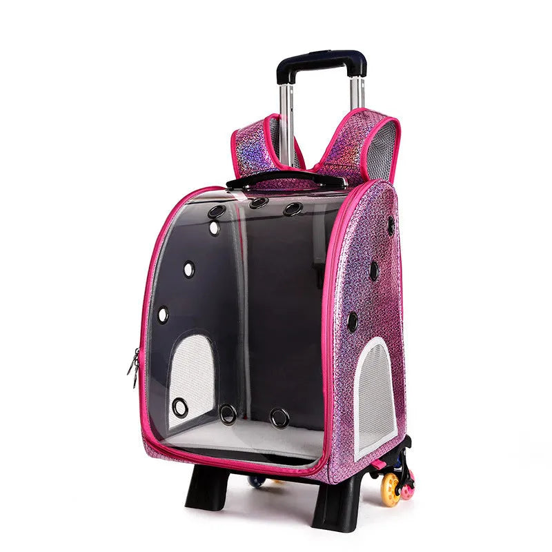 Blue transparent folding pet trolley carrier bag for small dogs and cats on wheels.