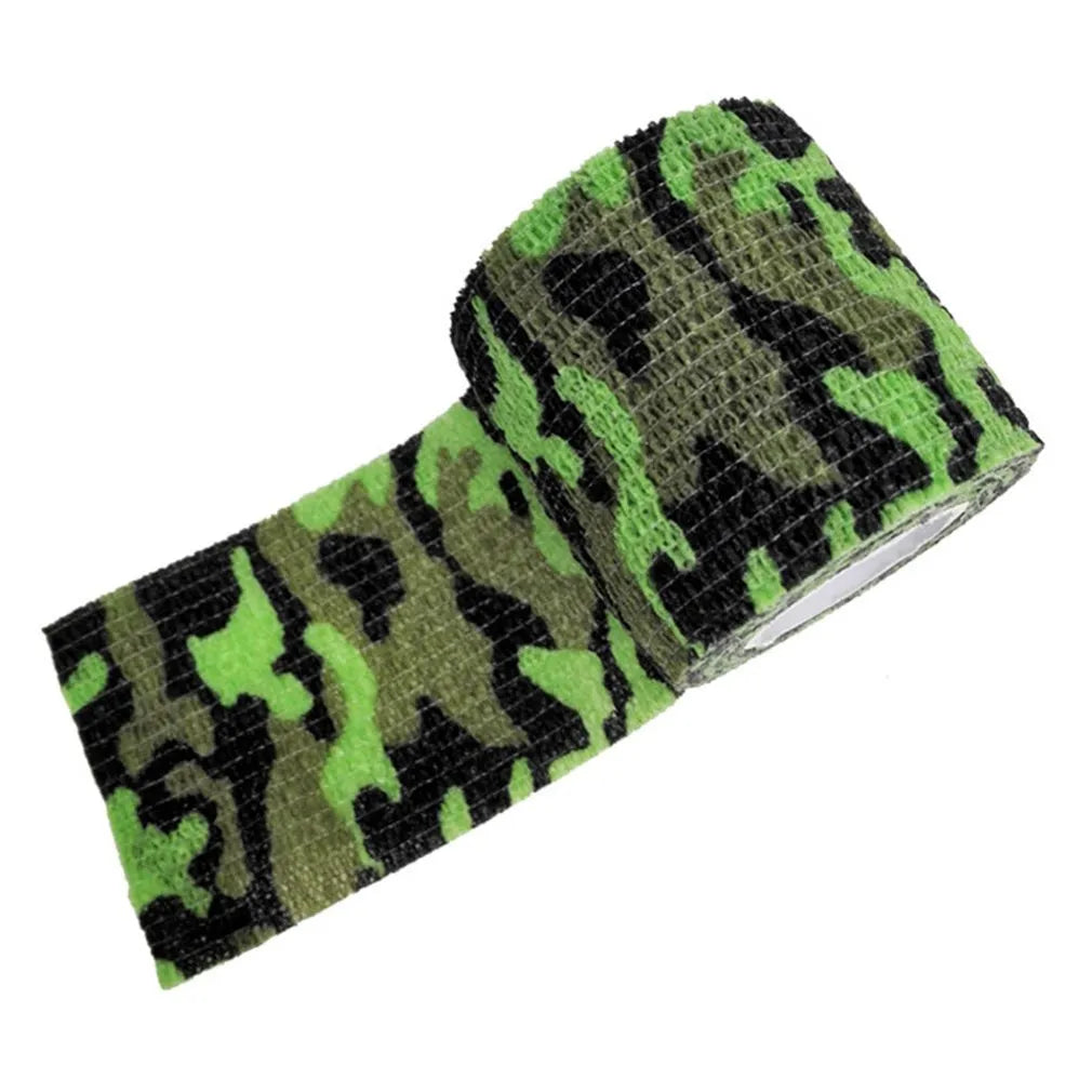 Roll of non-woven elastic camouflage bandage tape in a forest pattern, 4.5 metres long and 5cm wide.
