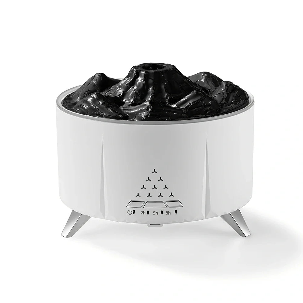 White flame aroma diffuser with Bluetooth speaker, 350ml tank, and adjustable mist output