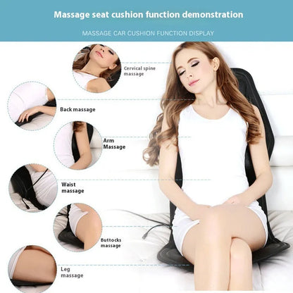 Black heating massage mat with infrared function and a seat cushion on a floor