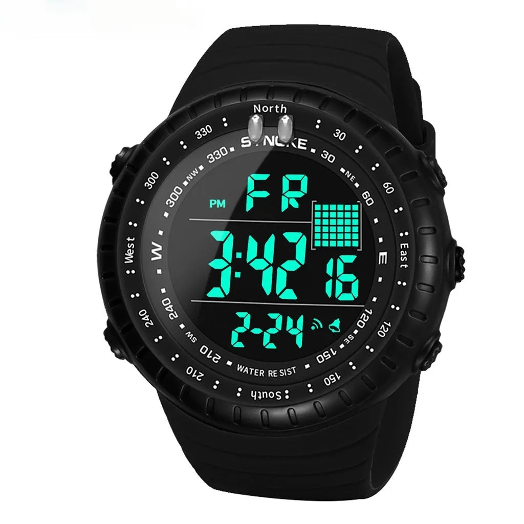 Black waterproof outdoor electronic watch for men with 54.74mm dial and adjustable PU strap on wrist