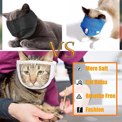 Clear transparent muzzle for cats on a grey background, showing breathing hole and soft lining.